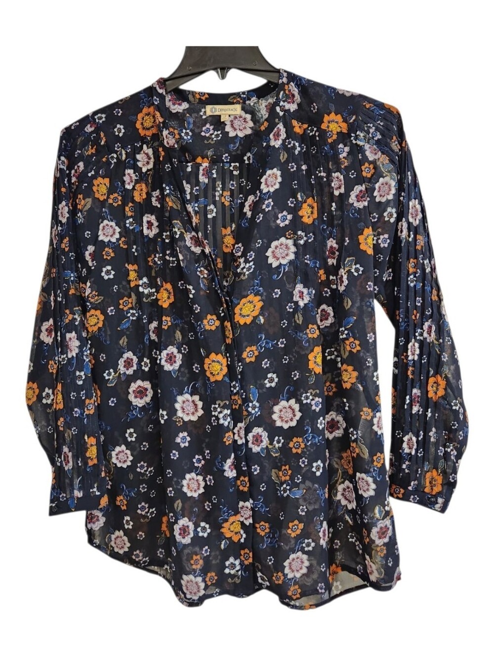 Democracy Size S Blue Floral Sheer Tunic Blouse V Neck Long Sleeve Top Boho